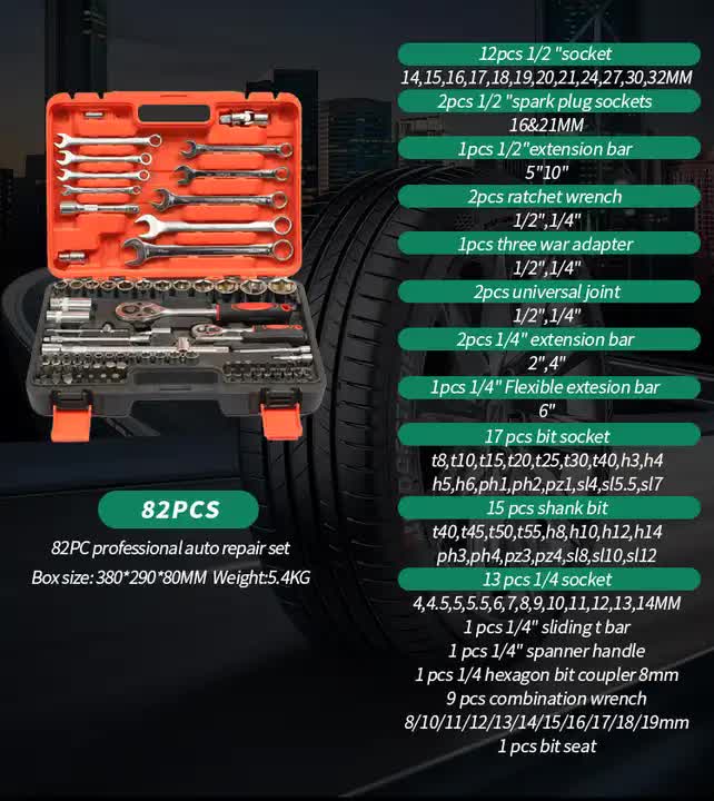 NNEDSZ 82-Piece Professional Automotive Repair Tool Set - 1/2 & 1/4 Drive Ratchets, Sockets, and Wrenches for Engine, Tire, and Spark Plug Maintenance